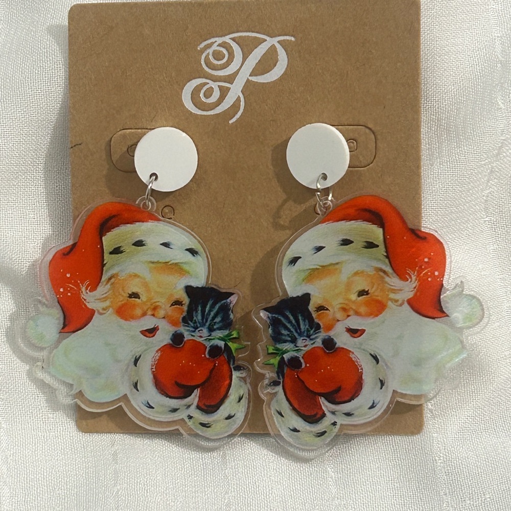 Plunder Santa Earrings with Kitten - Red & White Holiday Dangles